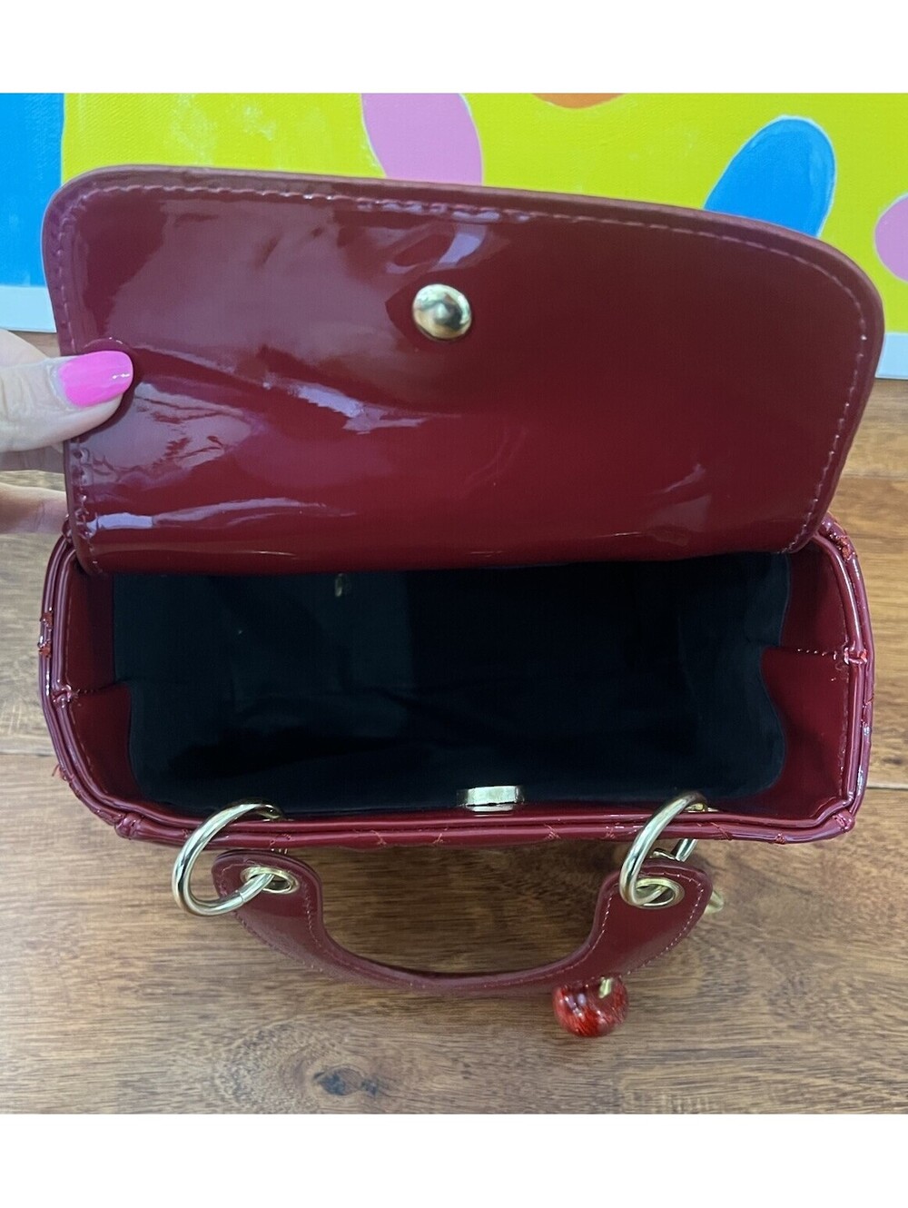Deep Red Patent Quilted Top Handle Bag Cherry Bag Charm Lady Style Mini Purse - Picture 3 of 7